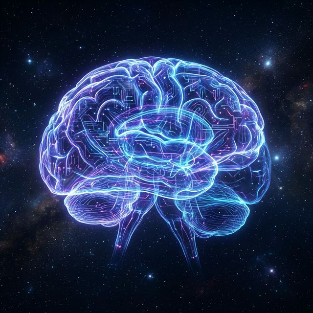 glowing digital brain circuit artificial intelligence no human realistic highly detailed neon blue accents